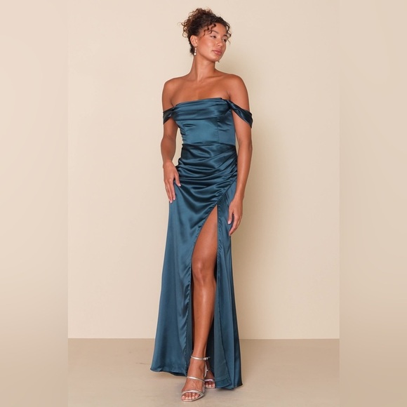 NWT Lulus Stunning Arrival Dark Teal Satin Off-The-Shoulder Maxi Dress